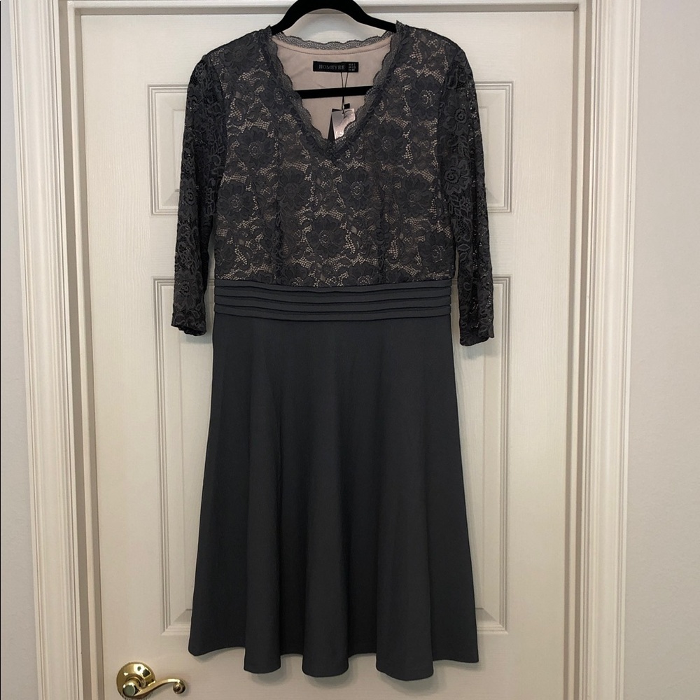 Homeyee Charcoal Lace V-Neck Fit & Flare Dress